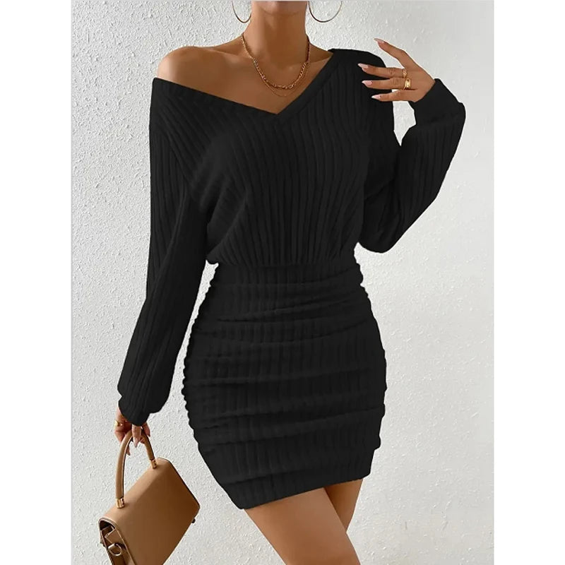 Mini Vestido Tejido Cruzado Escote V Manga Larga