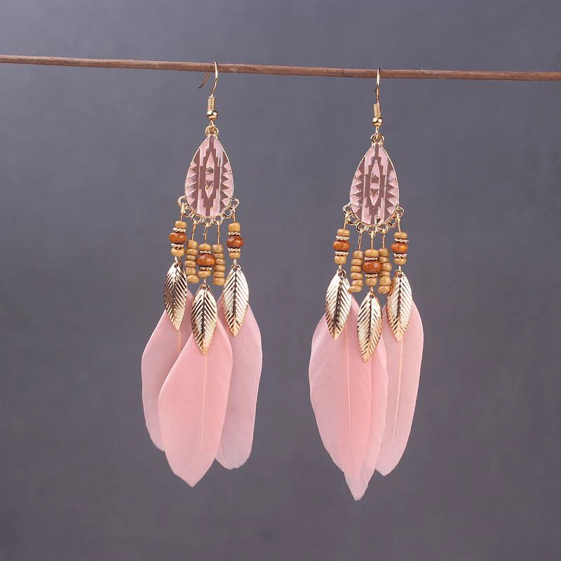 Aros Largos Boho con Pluma y Borlas