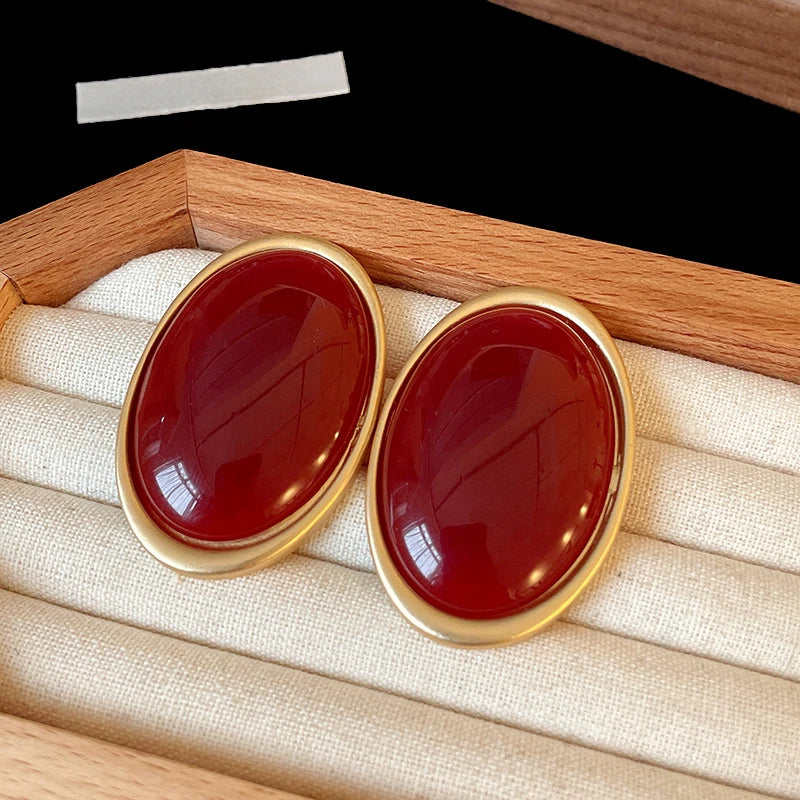 Aros Vintage Resina Roja Forma Oval