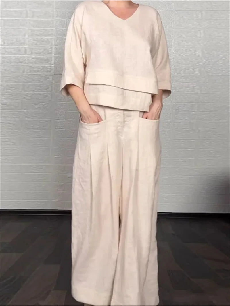 Conjunto de Lino Top Manga 3/4 y Pantalón Wide Leg