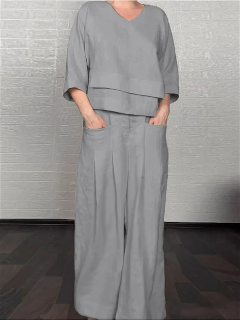Conjunto de Lino Top Manga 3/4 y Pantalón Wide Leg