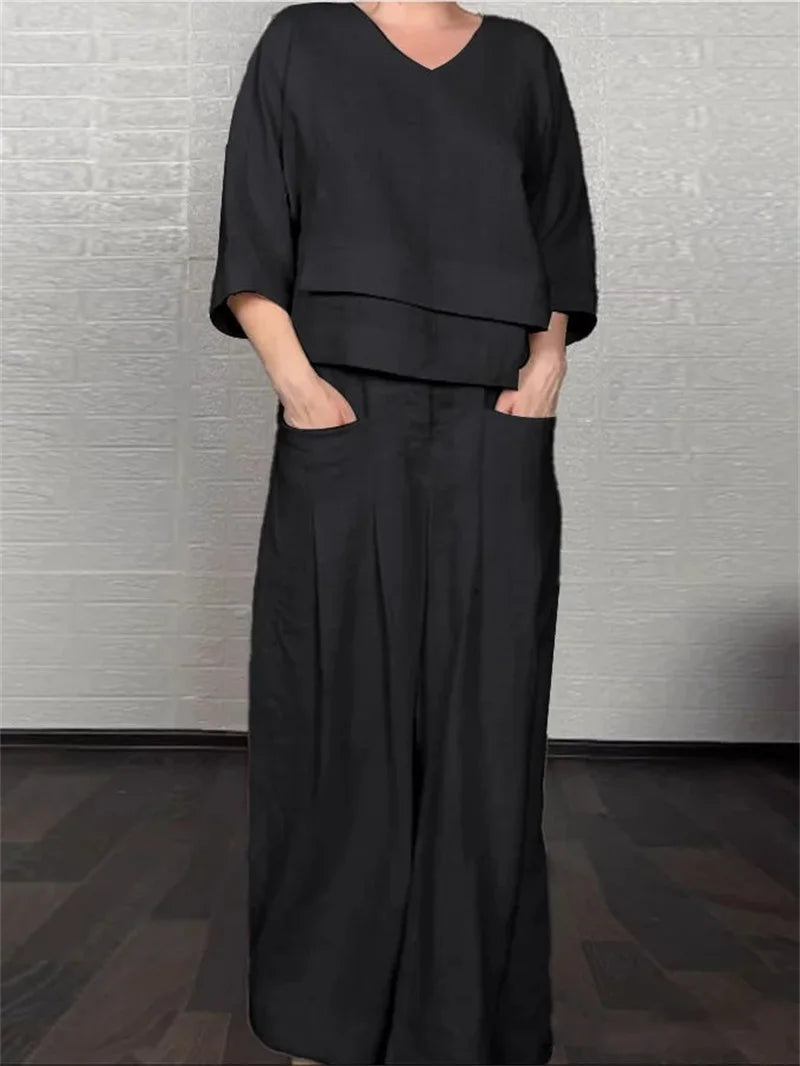 Conjunto de Lino Top Manga 3/4 y Pantalón Wide Leg