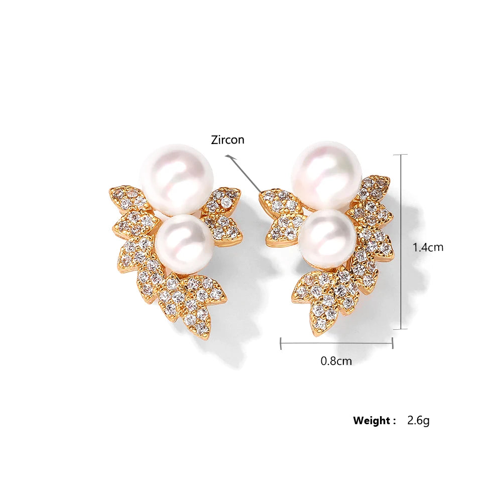 Aros Stud con Perla y Zirconia Forma de Hoja